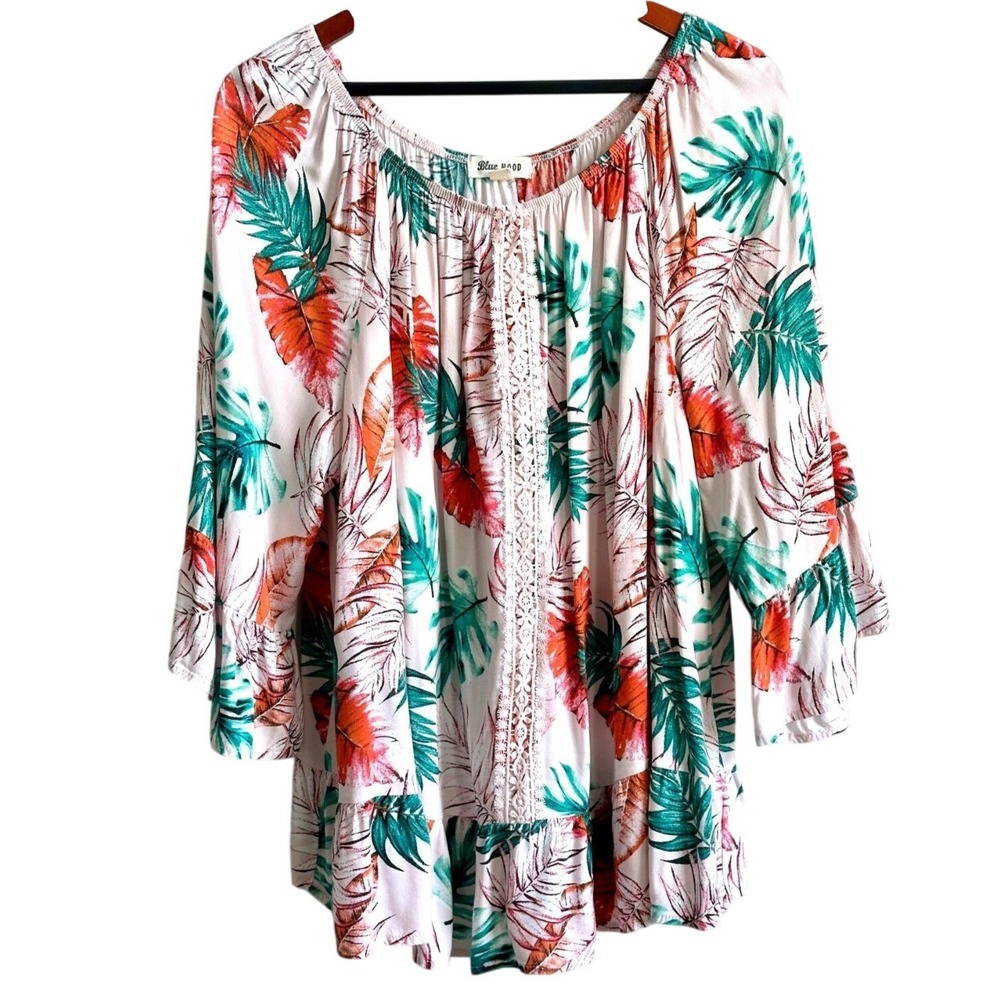BLUE MOOD Embroidered Pink Tropical Off-Shoulder Bell Sleeve Top Women's 2X